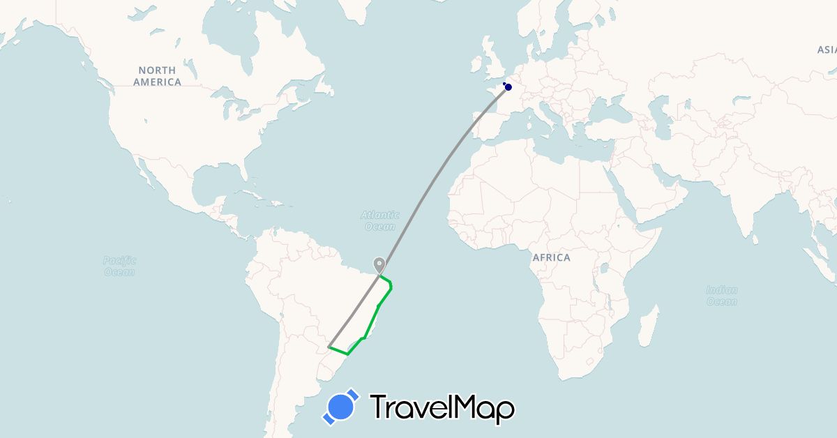 TravelMap itinerary: driving, bus, plane in Brazil, France (Europe, South America)